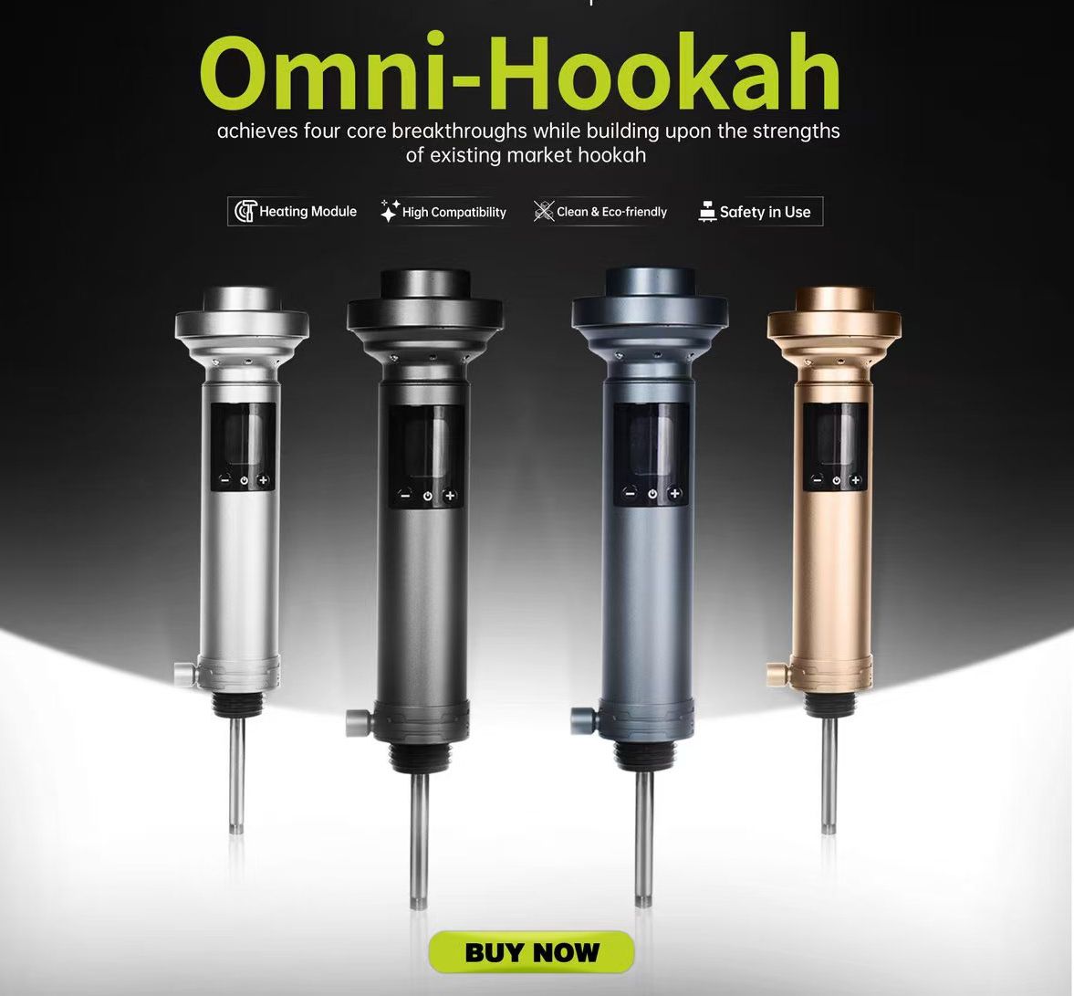 Omni-Hookah product with four different models on a gradient background