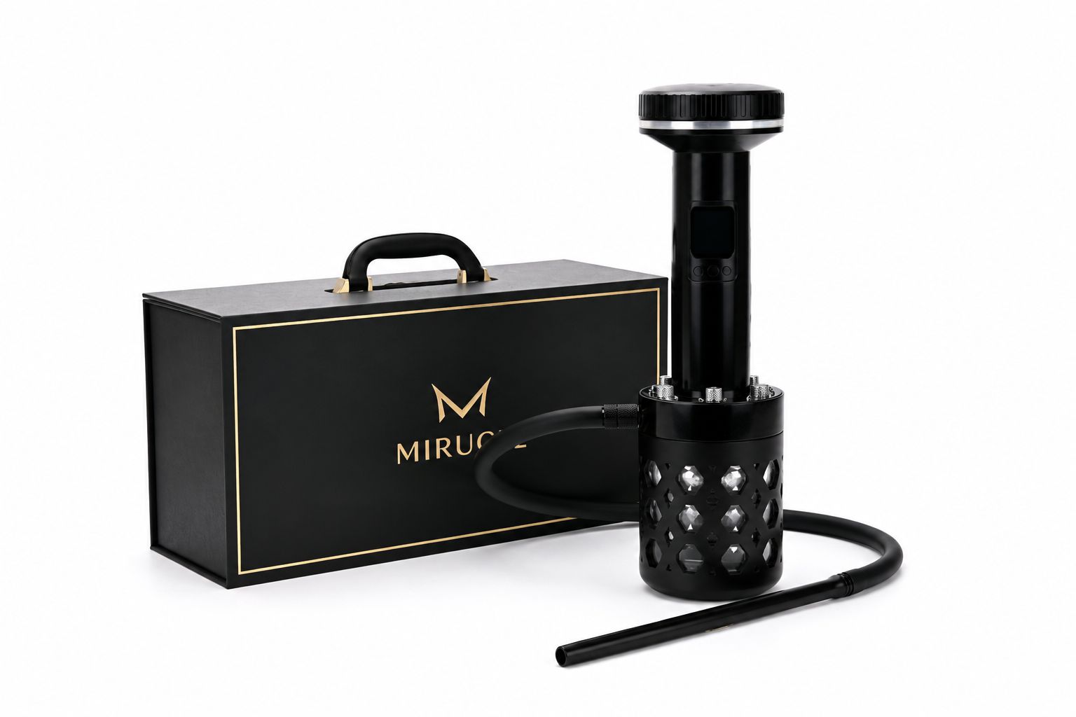 A layout of everything included in the MIRUCEL smart e-hookah complete starter kit
