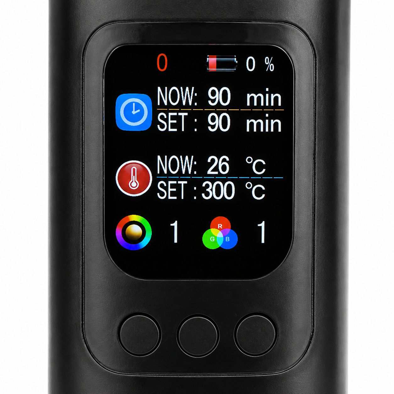 A close-up of the MIRUCEL OLED screen showing precise temperature control settings and battery life