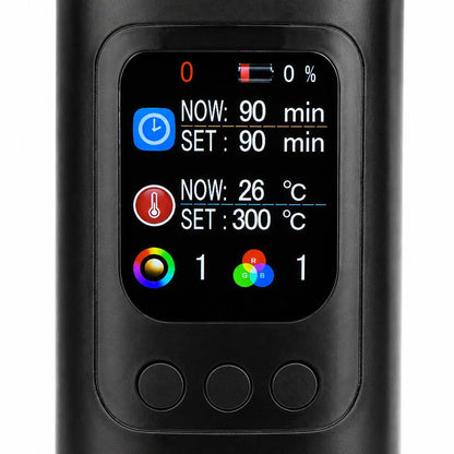 A close-up of the MIRUCEL OLED screen showing precise temperature control settings and battery life