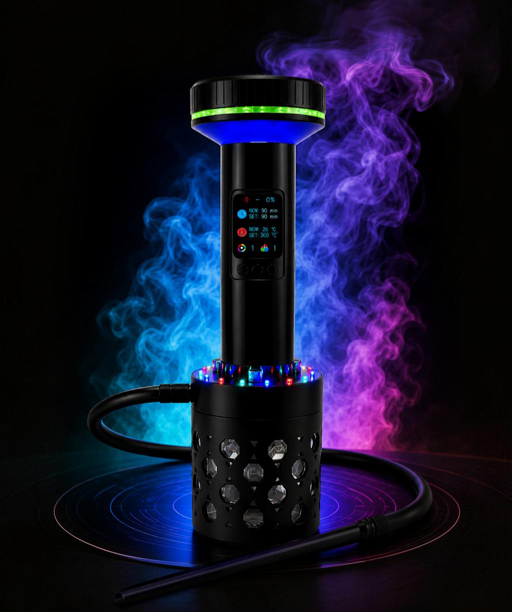 MIRUCEL smart electronic hookah tower with dynamic blue and purple smoke background, featuring illuminated LED light rings and an OLED digital display on a neon circular platform.