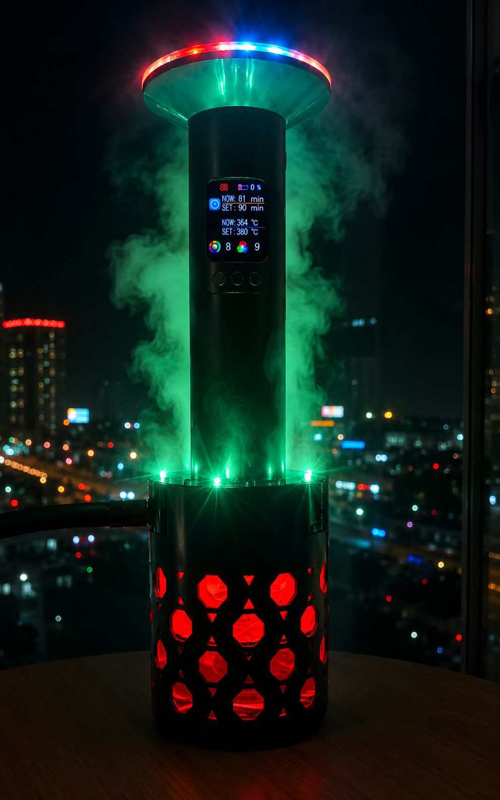MIRUCEL smart e-hookah glowing with red and green RGB atmosphere lights and emitting thick vapor in a dark room lounge